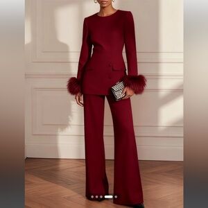 Fehaute Burgundy Wine Red Women's Formal Cocktail Suit Set w Feather Trim